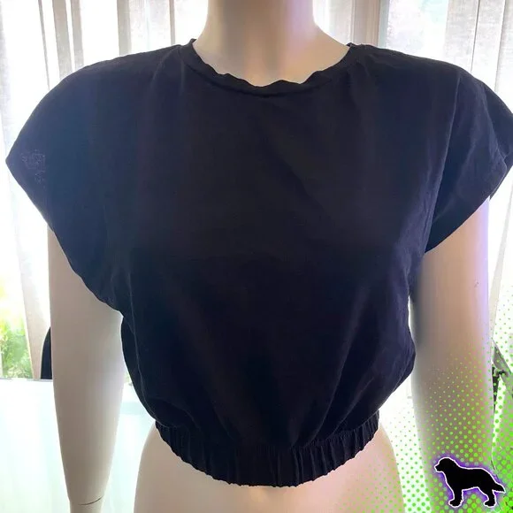 Zara Black Boxy Crop Top Size M Medium with Elastic Bottom Short Sleeve - Picture 1 of 2